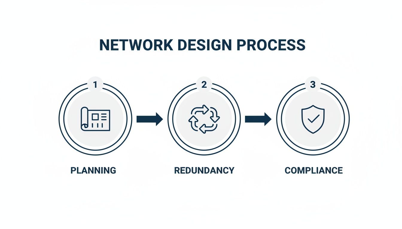Visual representation of the Network Design Process, featuring three sequential steps: Planning, Redundancy, and Compliance.
