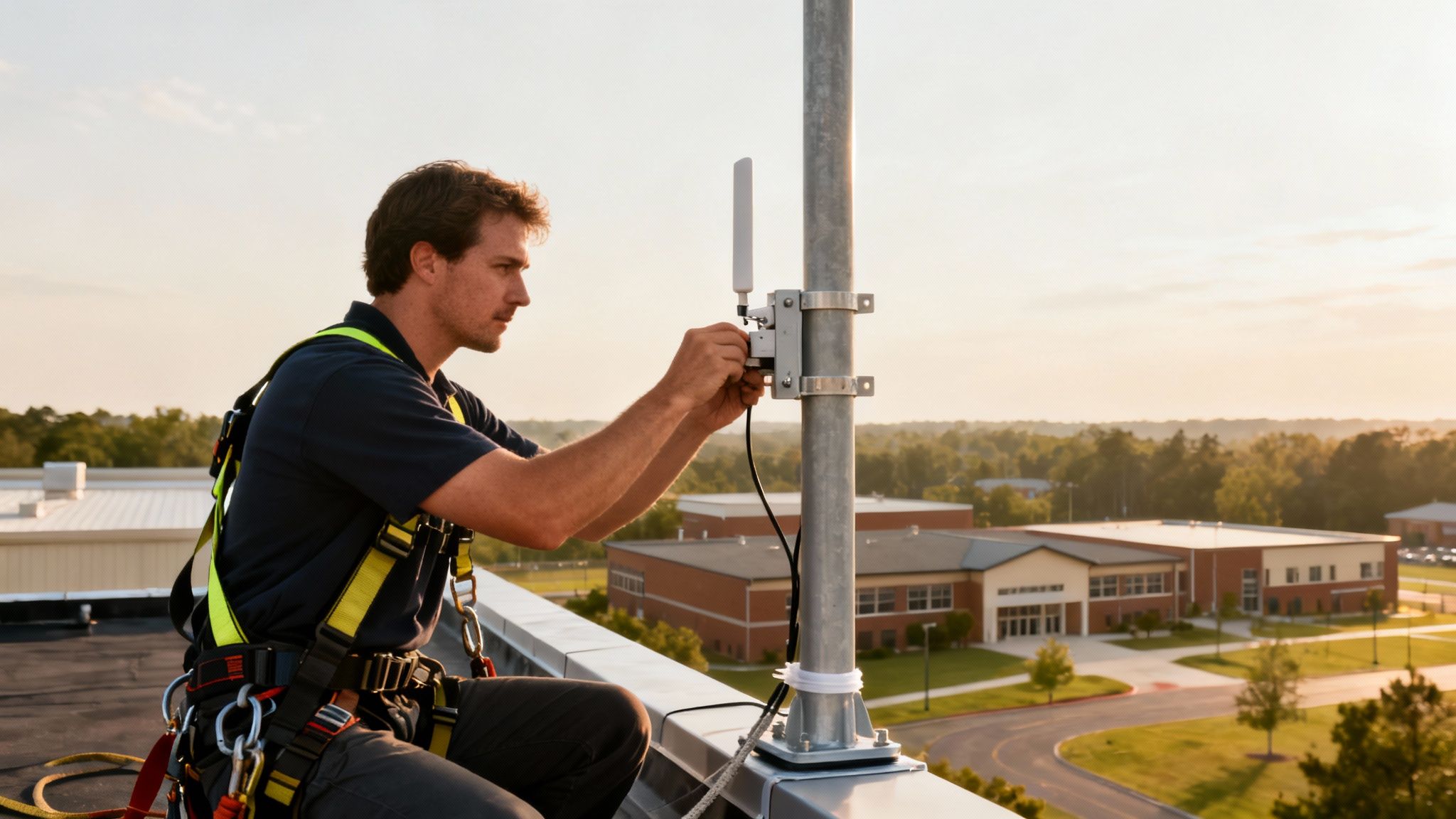 A technician in safety gear installs an external Wi-Fi aerial on a rooftop at sunset.