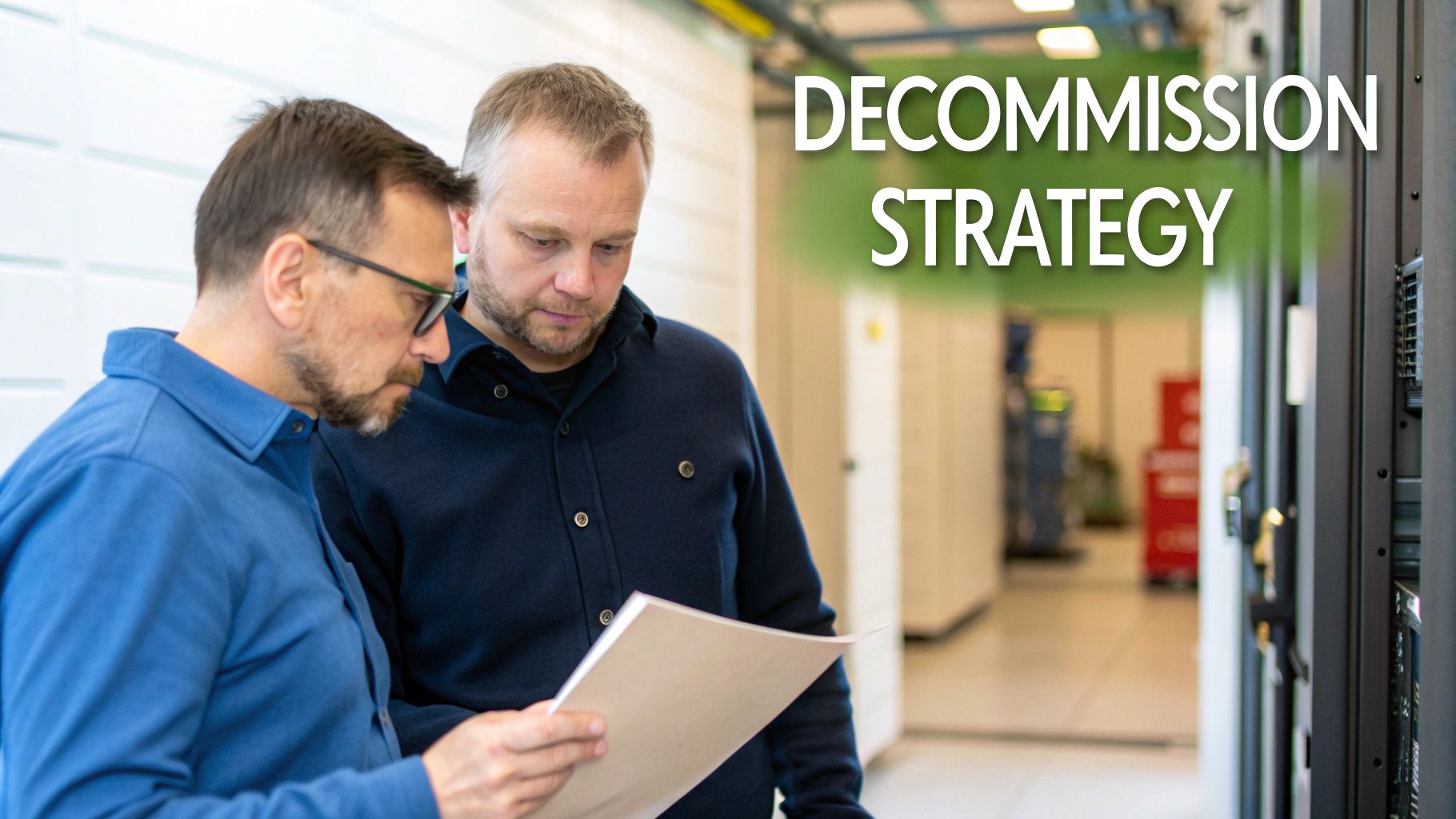 Two IT professionals in a data center review a document, with 'Decommission Strategy' text overlaid.