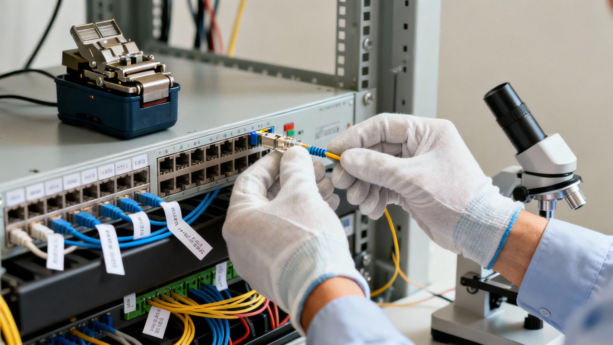 Technician in white gloves connecting a yellow fiber optic cable to a network switch in a server rack.