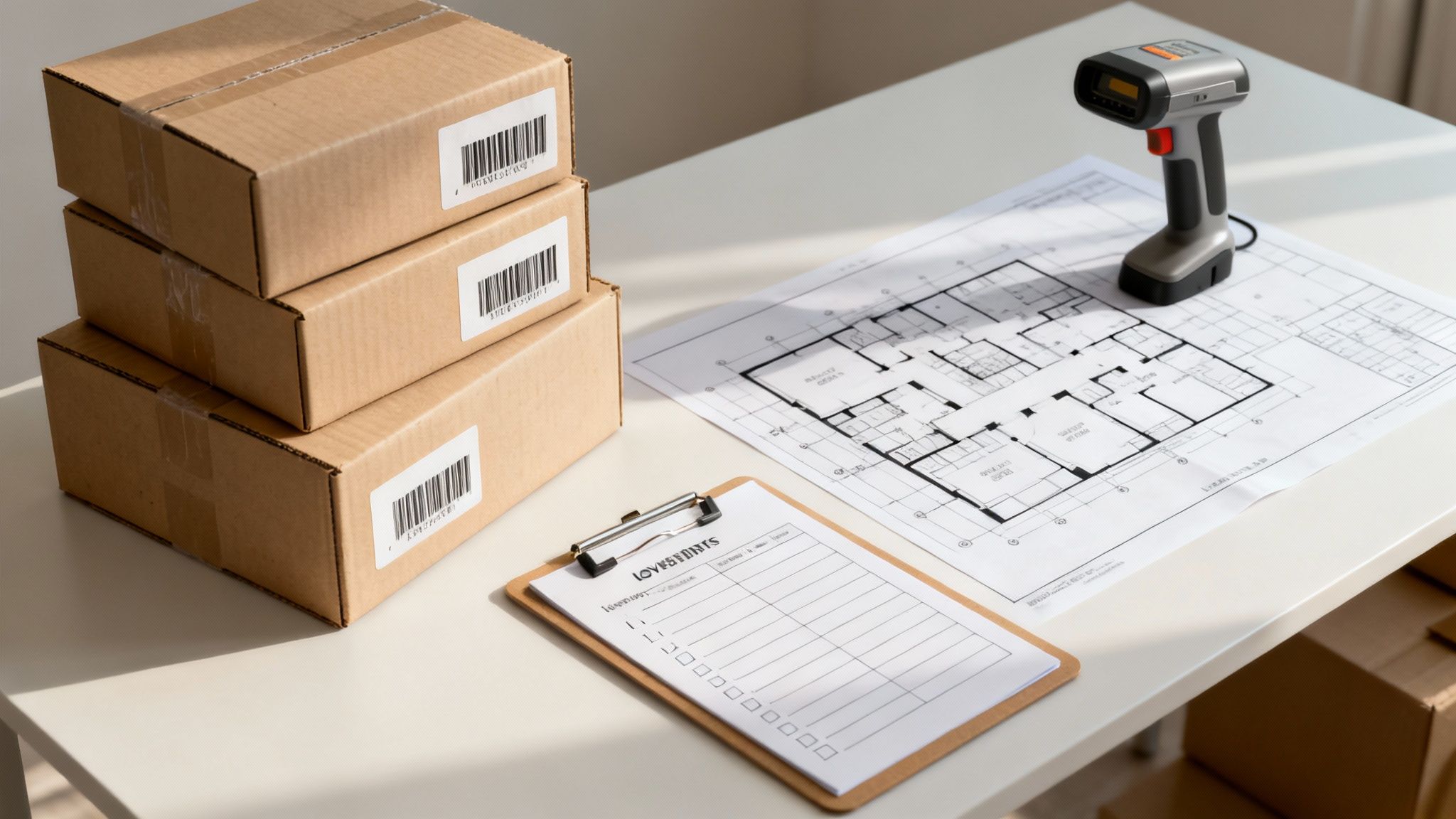 Stack of cardboard boxes, blueprint, checklist, and barcode scanner on an office desk.