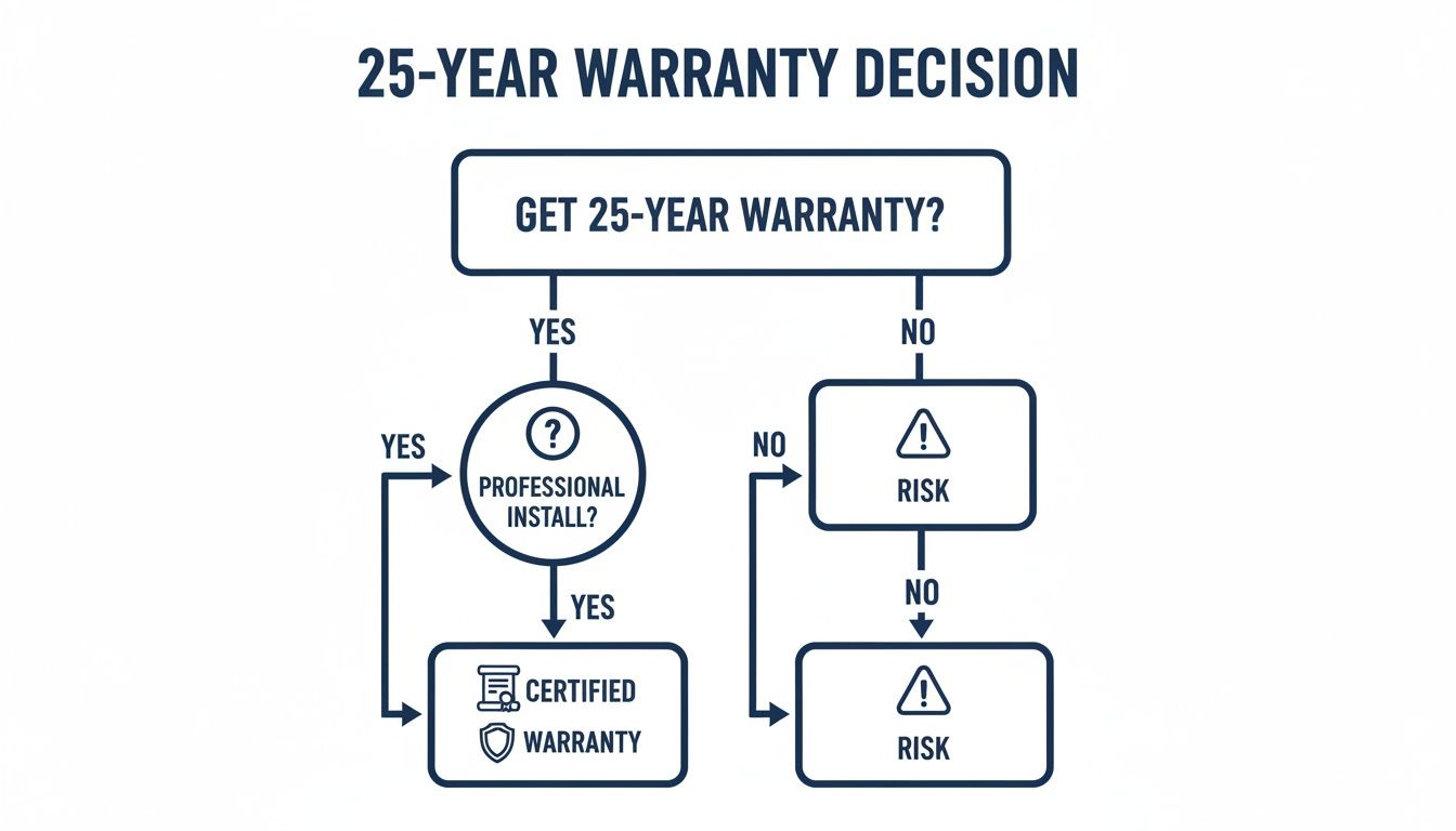 A flowchart titled '25-Year Warranty Decision' outlines steps leading to a certified warranty or risk.