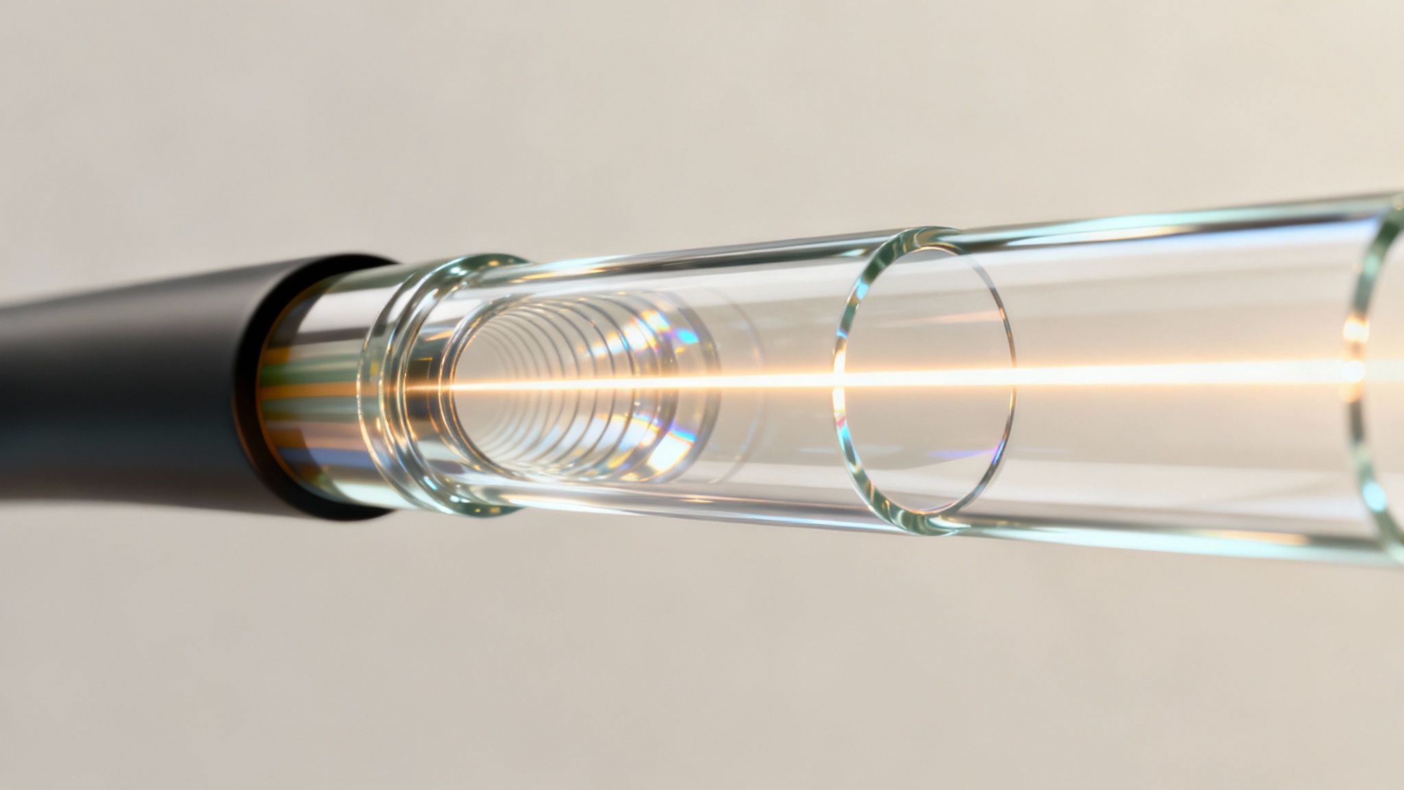 A detailed illustration showing the internal structure of an optic fibre cable, including the core, cladding, and protective coating.