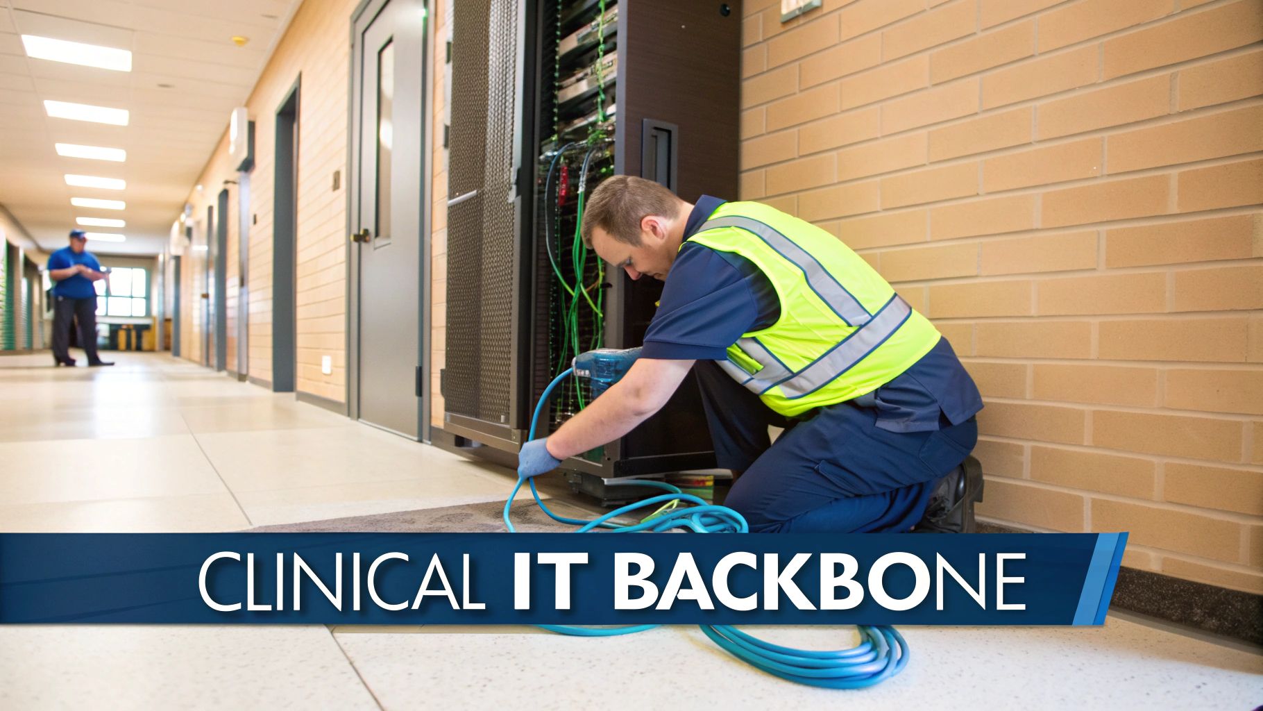 IT technician working on a server rack in a hospital or clinic hallway, with blue cables.