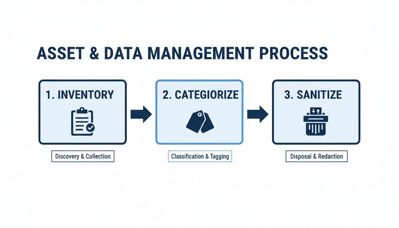 A three-step diagram outlining the asset and data management process: Inventory, Categorize, and Sanitize.