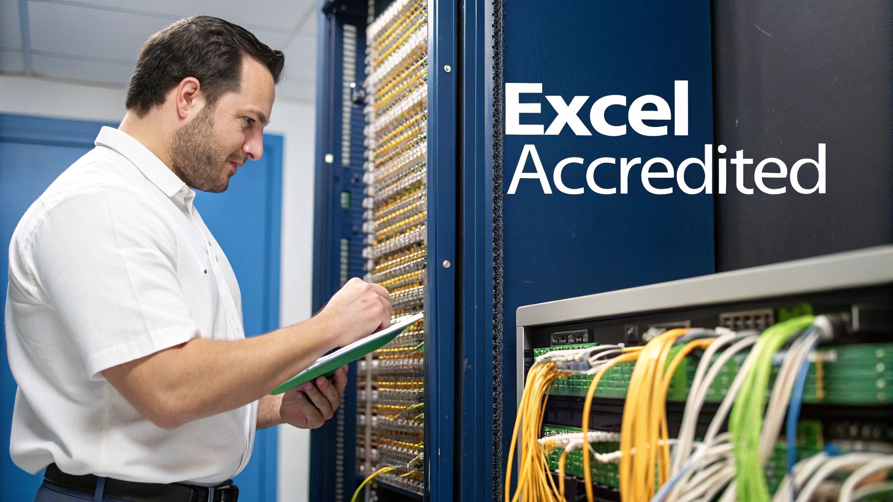 A male technician inspects server racks and cables in a data center, with 'Excel Accredited' branding.