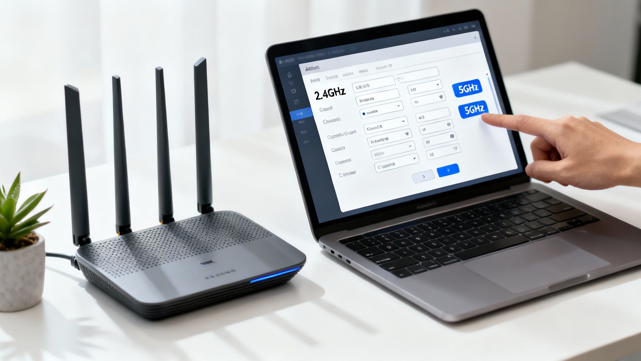 Person configuring dual band WiFi router settings on laptop selecting 5GHz network frequency