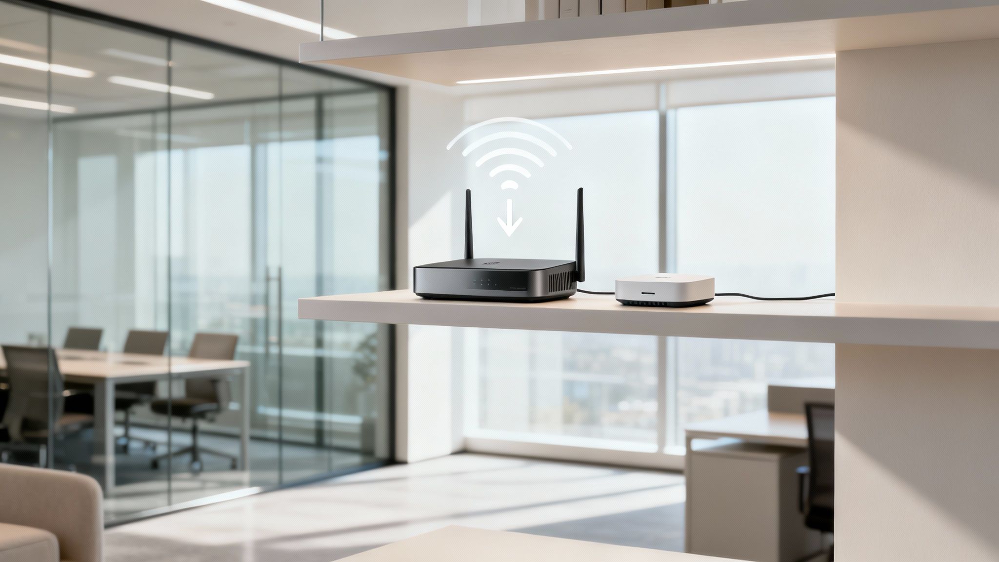 Modern Wi-Fi access points mounted on the ceiling of a clean, professional office.