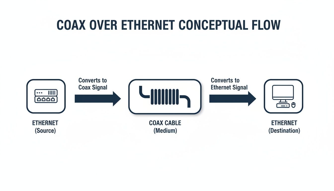 Conceptual diagram illustrating Ethernet signal conversion to coax, transmission over coax cable, and reconversion to Ethernet.