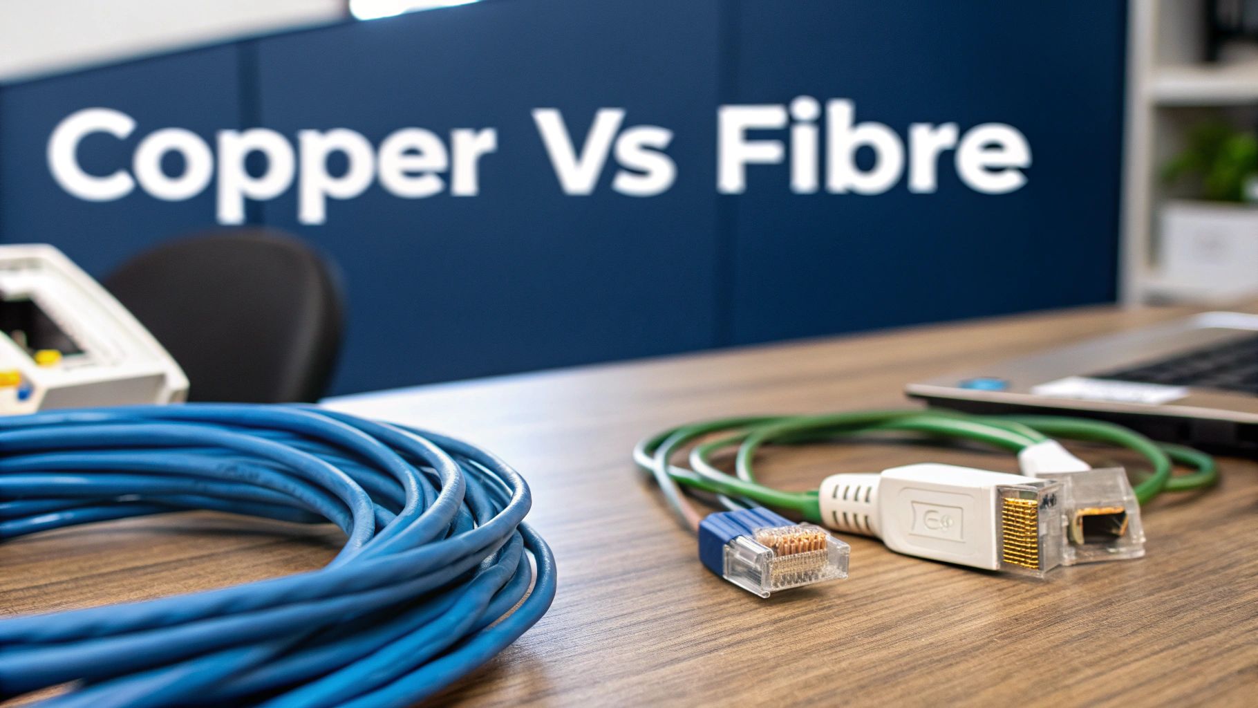 Coiled blue and green network cables on a wooden desk, with 'Copper Vs Fibre' text in the background.