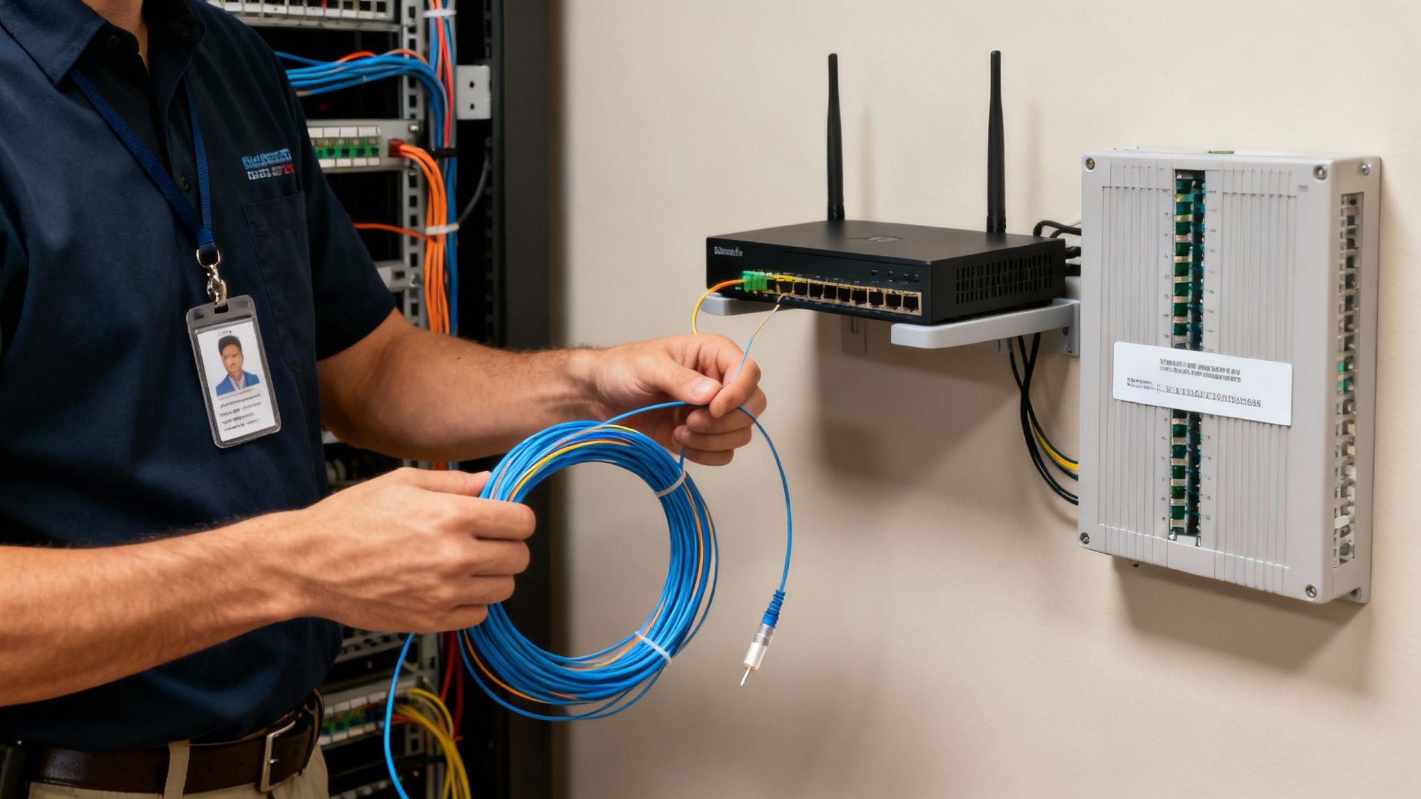 Network technician installing fiber optic cable into router for internet connectivity troubleshooting