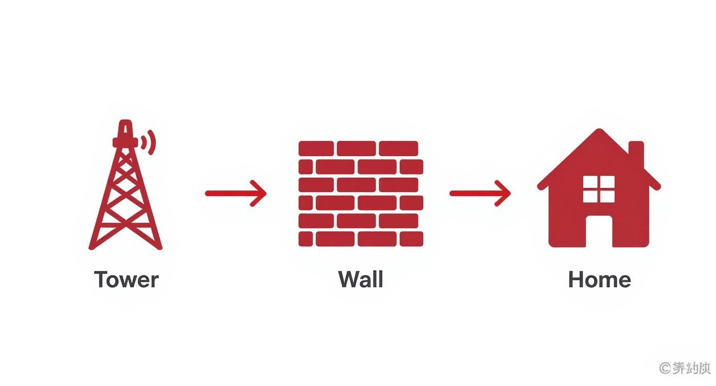 Infographic showing a mobile signal's path from a cell tower, through a brick wall, to a home with a weak signal.