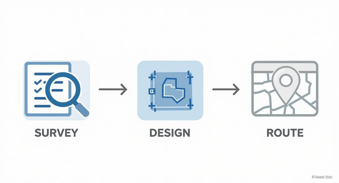 A diagram illustrates a three-step workflow: Survey, Design, and Route, using icons and text.