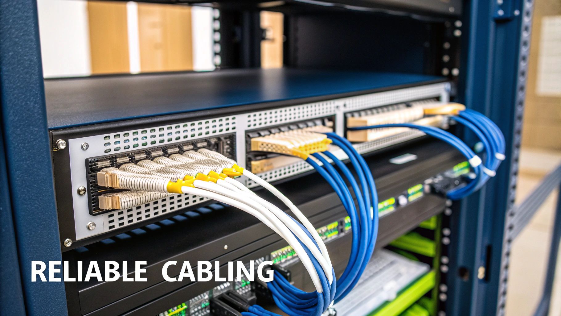 Neatly organized fiber optic and network cables connected in a server rack, highlighting reliable data infrastructure.