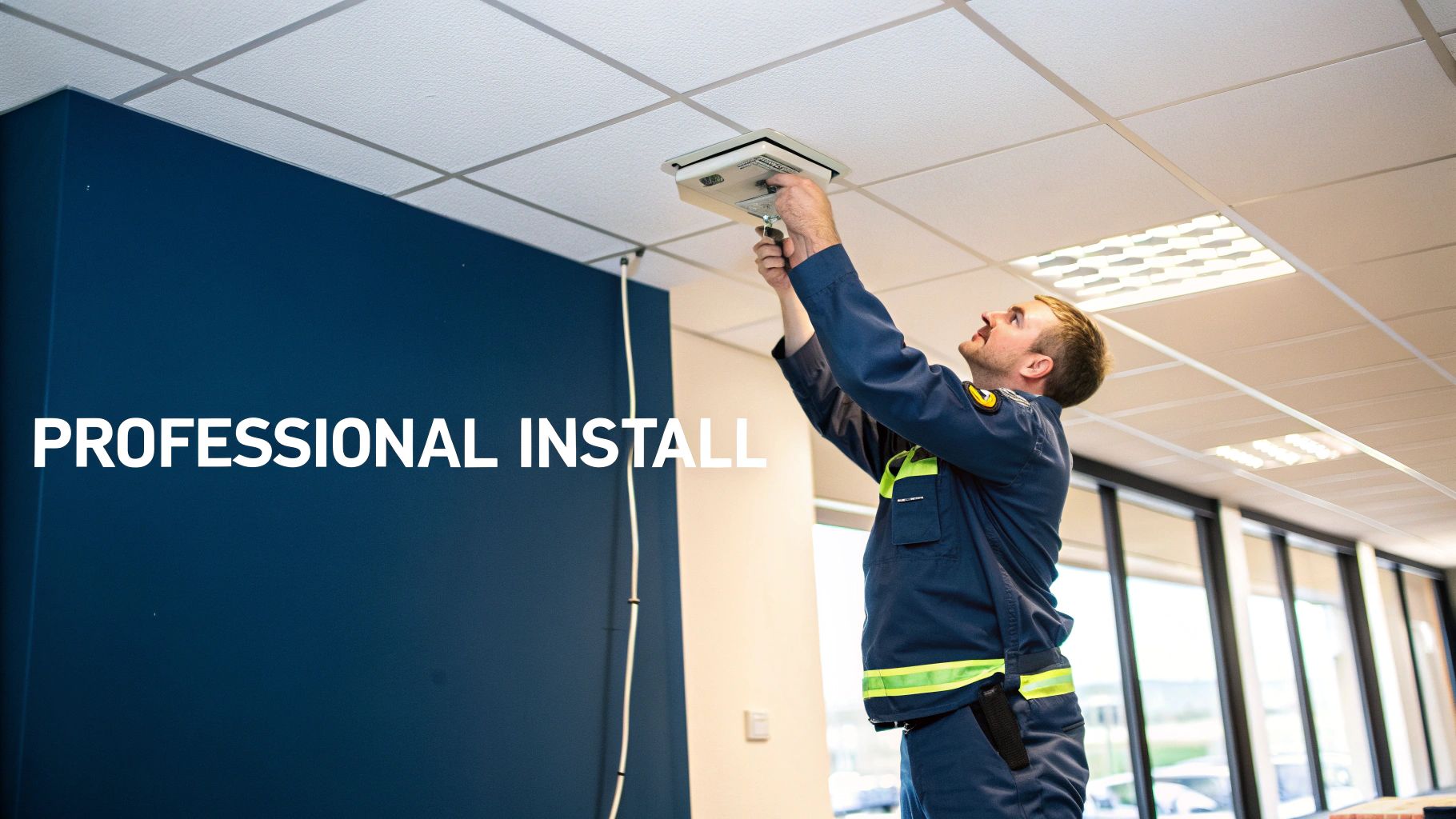 A network engineer working on server racks in a data centre, representing professional installation.