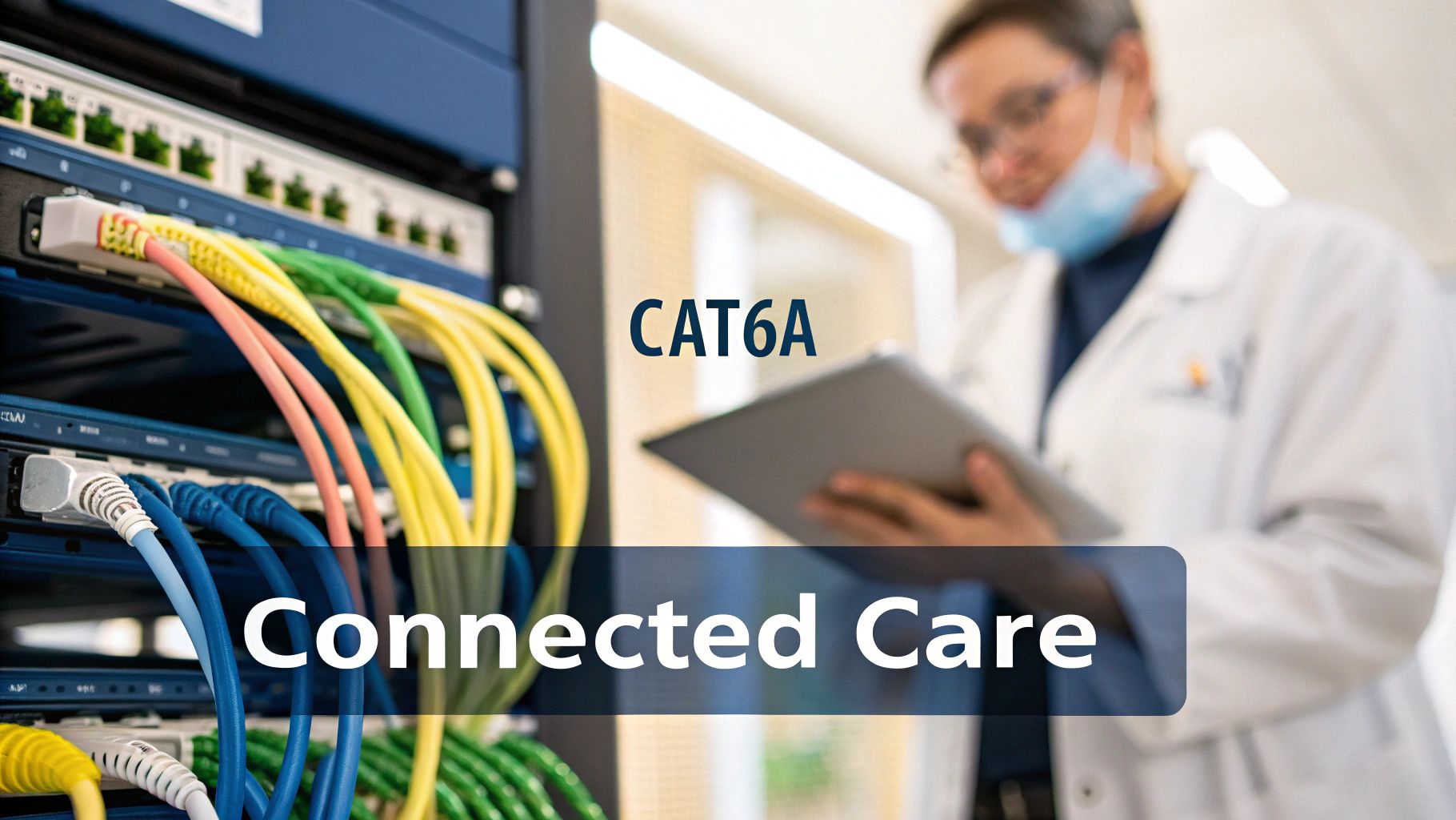 A server rack with colorful CAT6A ethernet cables and a blurred healthcare worker with a tablet, symbolizing connected care.