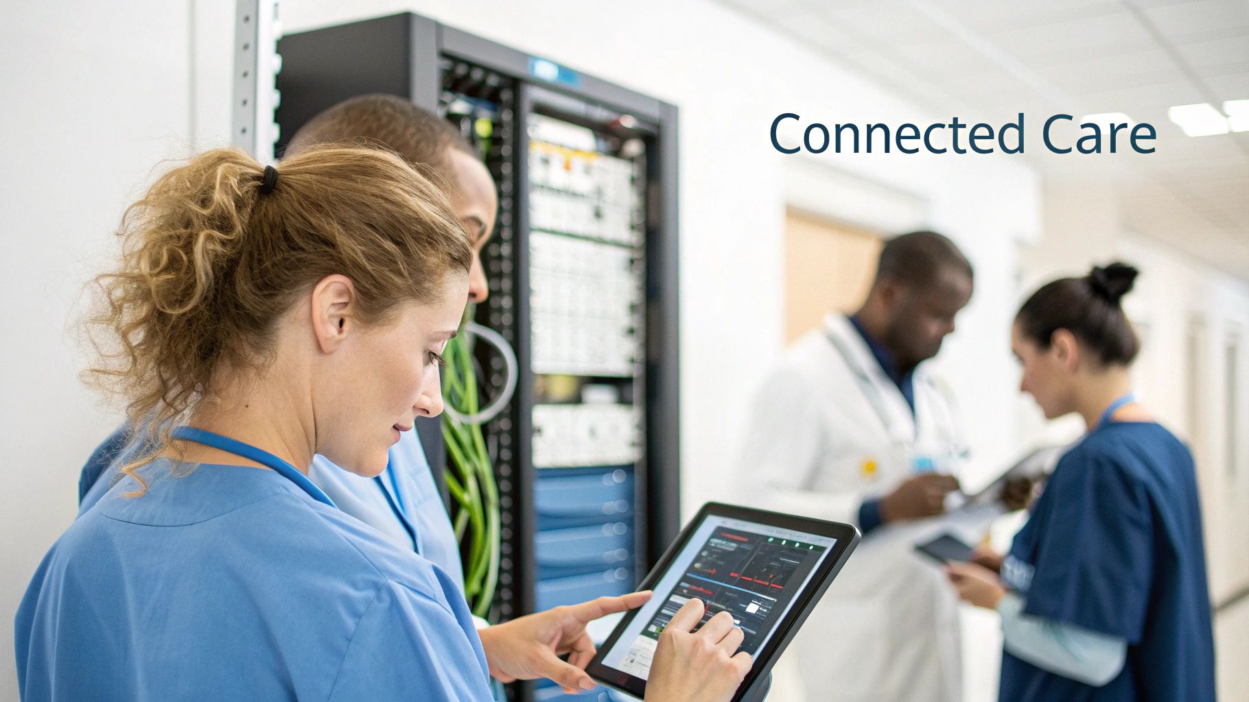 Healthcare professionals manage patient data on tablets near server racks, emphasizing connected care technology.