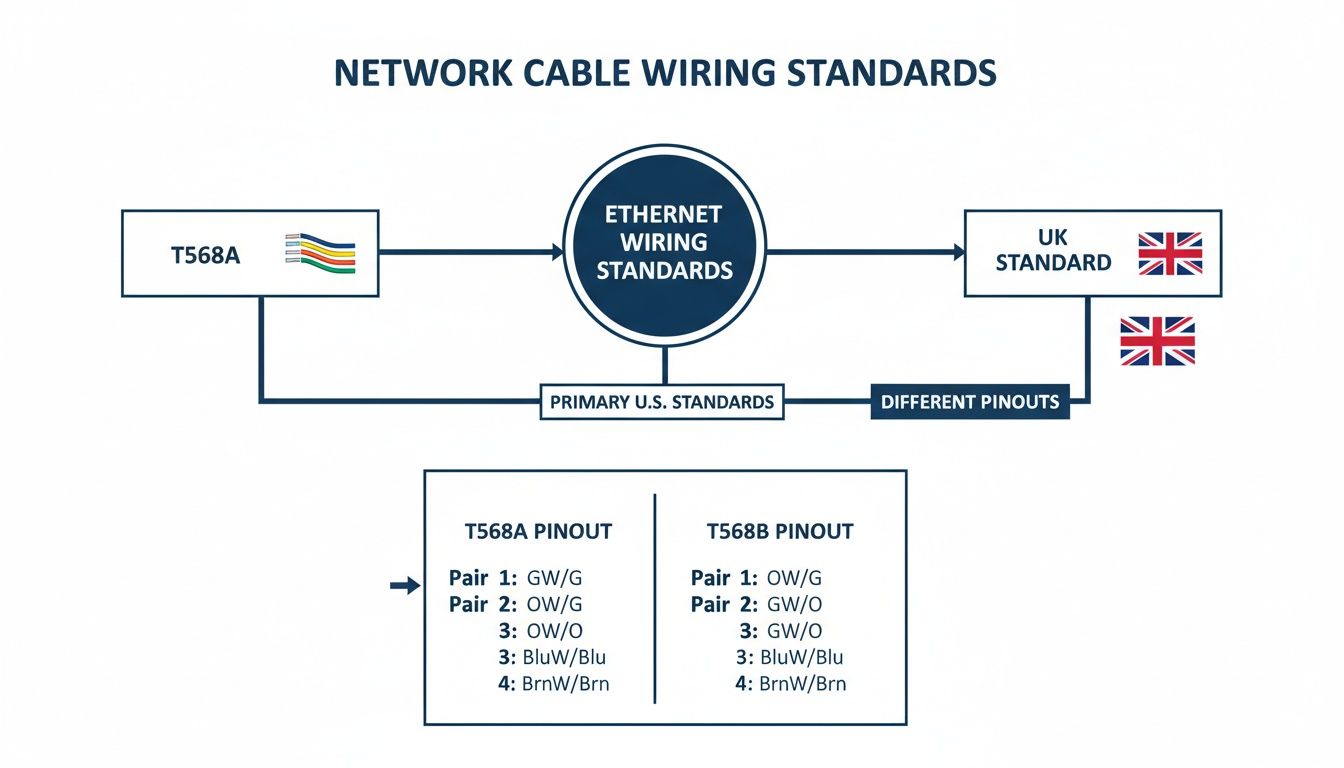 Diagram illustrating network cable wiring standards, comparing T568A and T568B pinouts for Ethernet cables.