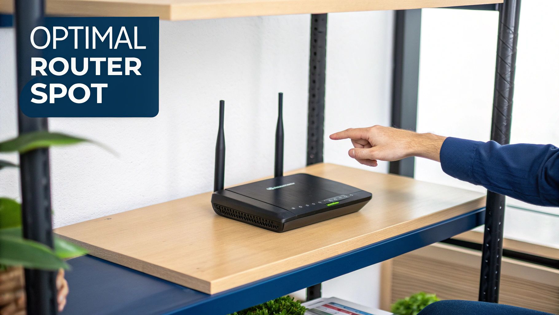 A person adjusting the antennas on a WiFi router placed on a shelf.