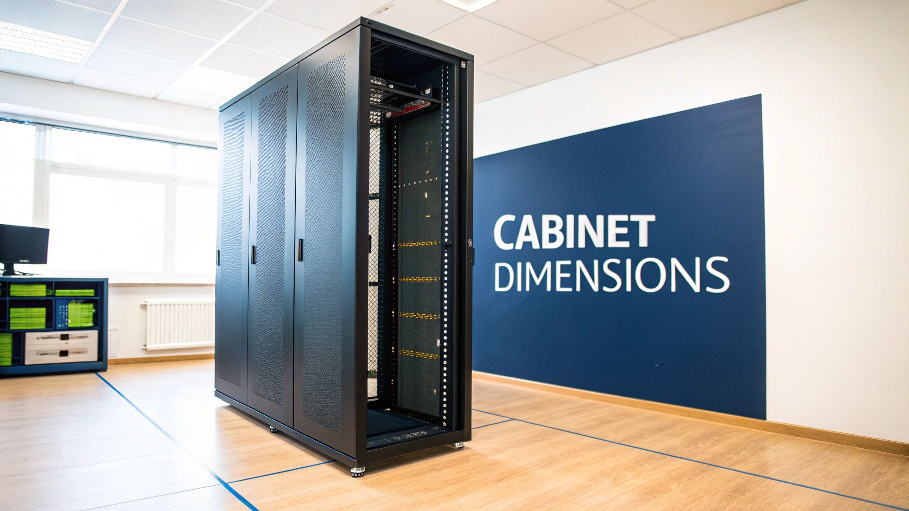 A black server cabinet with an open side, revealing internal server racks, next to a 'Cabinet Dimensions' sign.