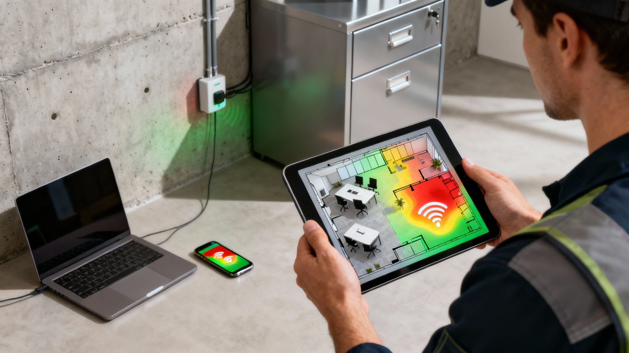 A network engineer testing the WiFi signal strength in an office environment.