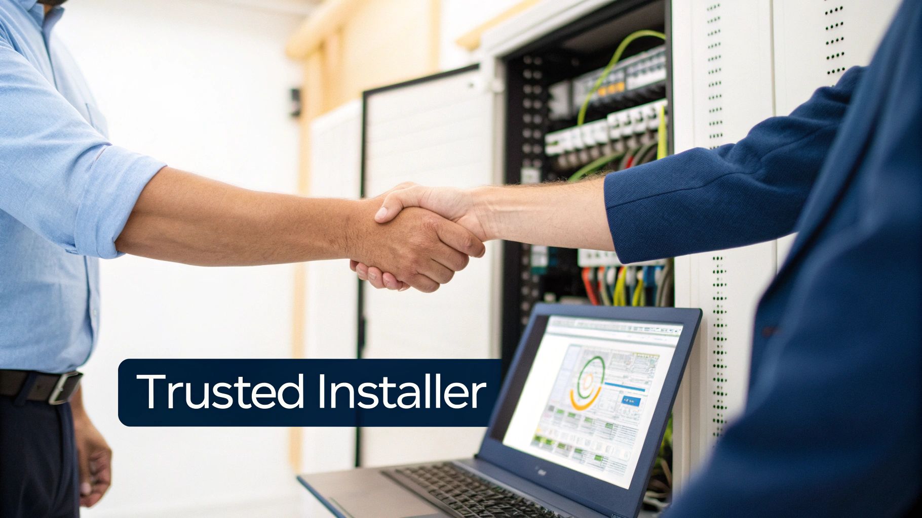 Two technicians shake hands in a server room, with a laptop displaying network data, signifying a trusted IT installation.