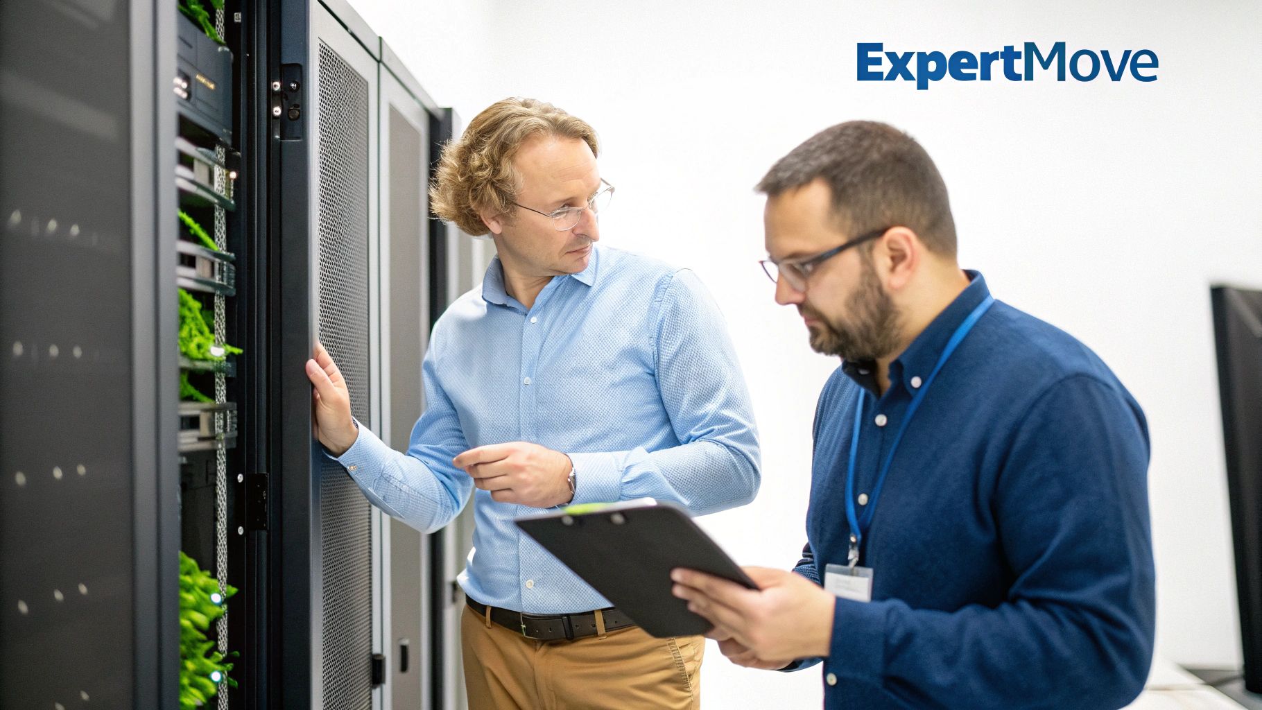 Two IT professionals inspect server racks in a modern data center, discussing equipment maintenance.