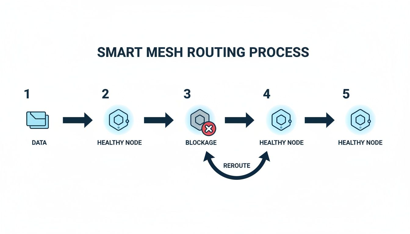 Diagram showing a smart mesh routing process where data reroutes around a blockage through healthy nodes.