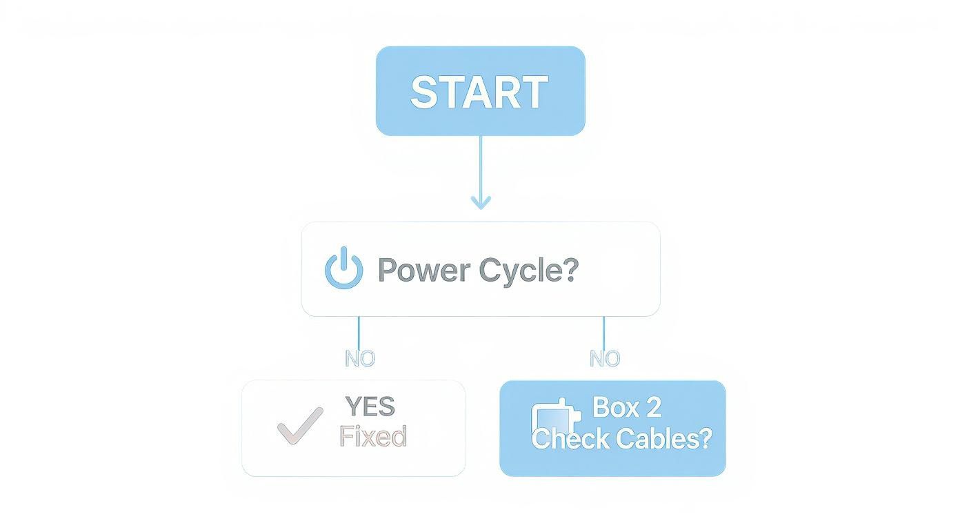 Troubleshooting flowchart showing power cycle step and cable check for network connectivity issues