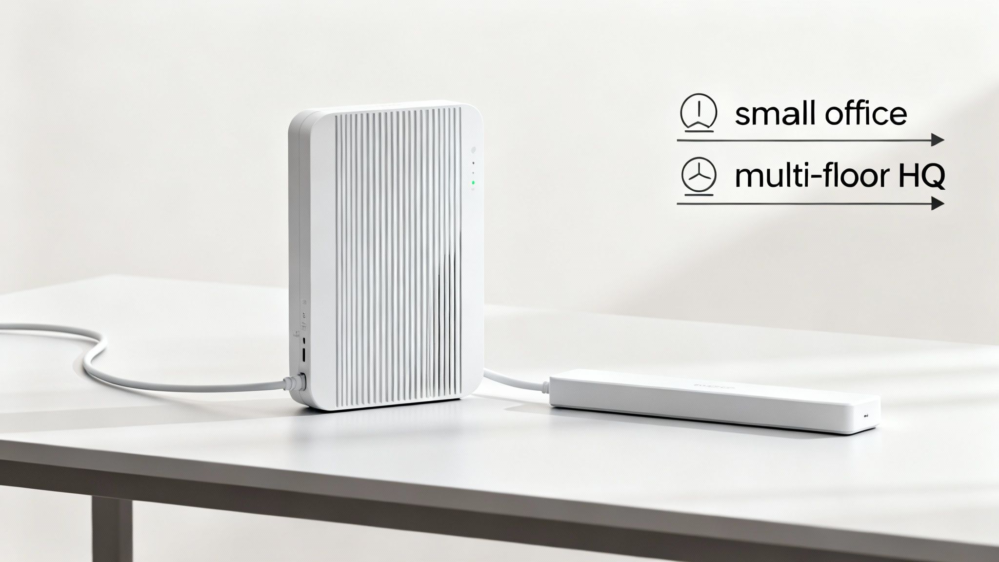 A technician installs a signal boosting device in an office ceiling