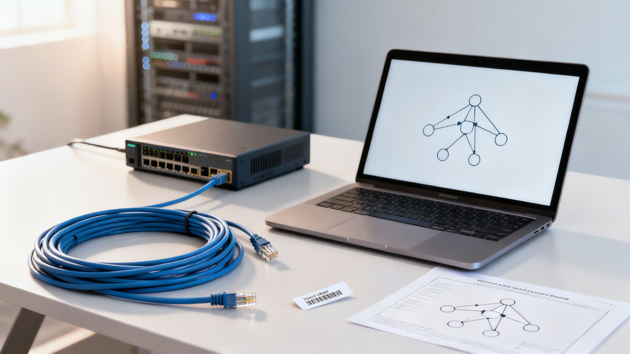Network setup with a switch, laptop showing a network diagram, and blue Ethernet cable on a desk.