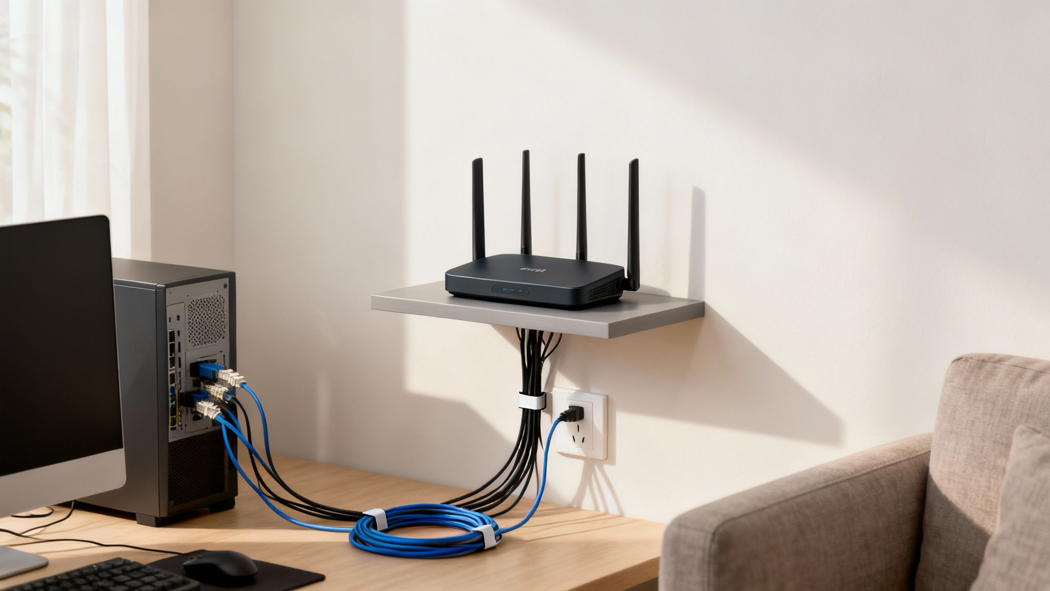 A professional network technician working on server racks in a data centre.