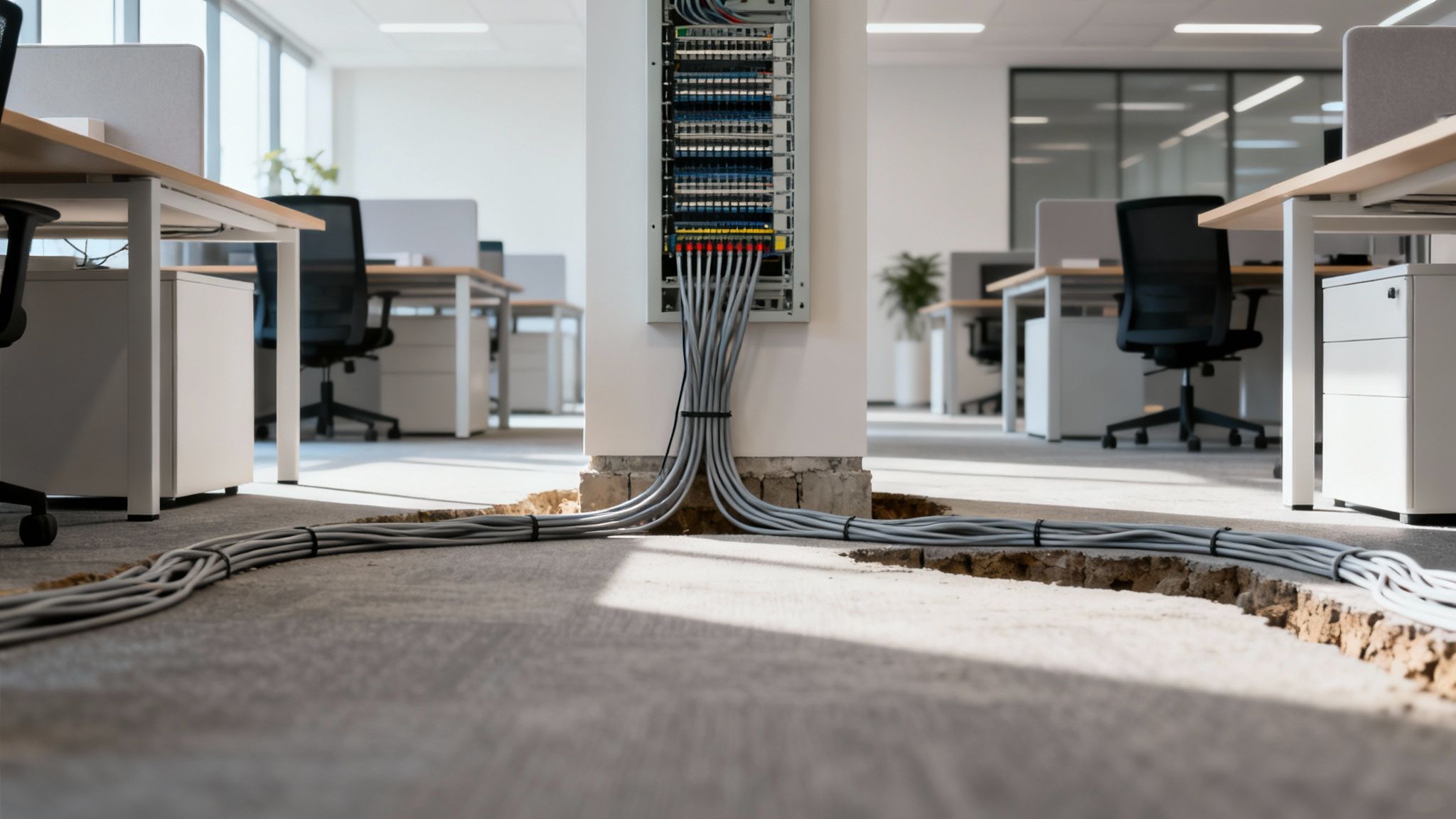 Data cables run through floor trenches connected to a network cabinet in a modern office.