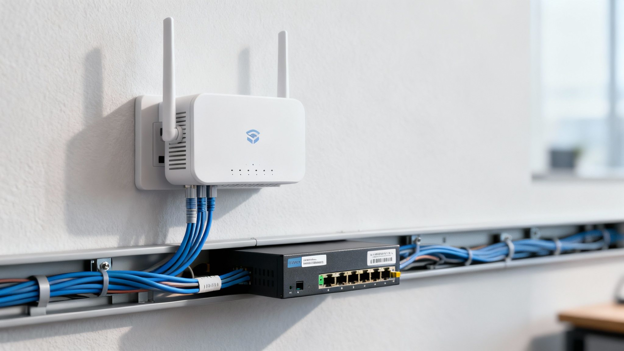 A network engineer meticulously works on structured cabling in a server rack, showcasing a professional installation.