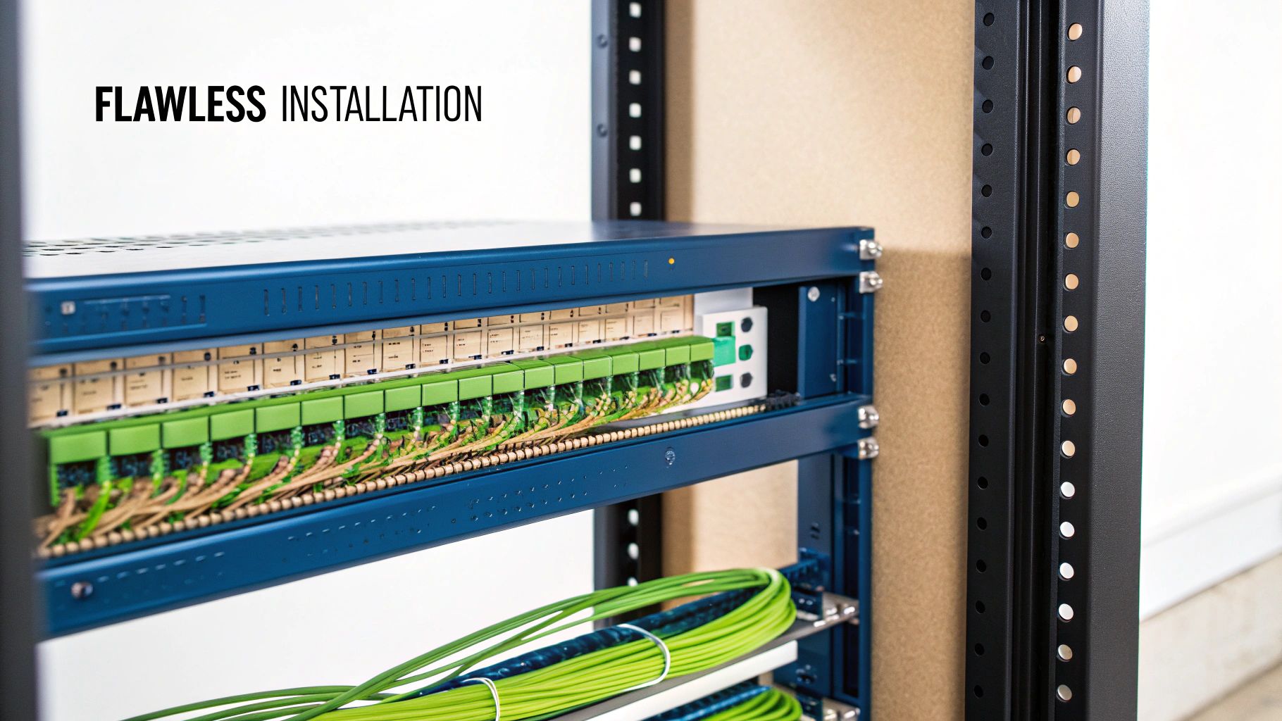A server rack with perfectly organized blue and green cables, neatly secured with cable ties.