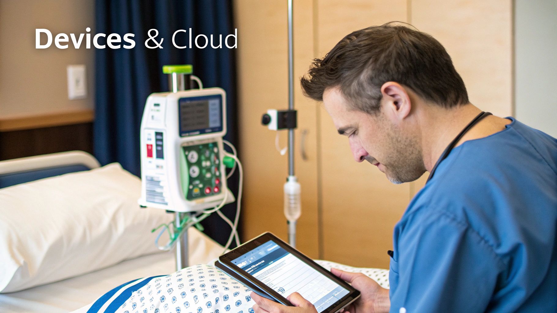 A male healthcare worker uses a tablet in a hospital room with medical equipment and an IV stand.