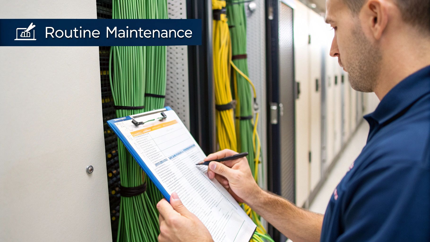 A technician performs routine maintenance in a data center, checking a clipboard next to organized network cables.