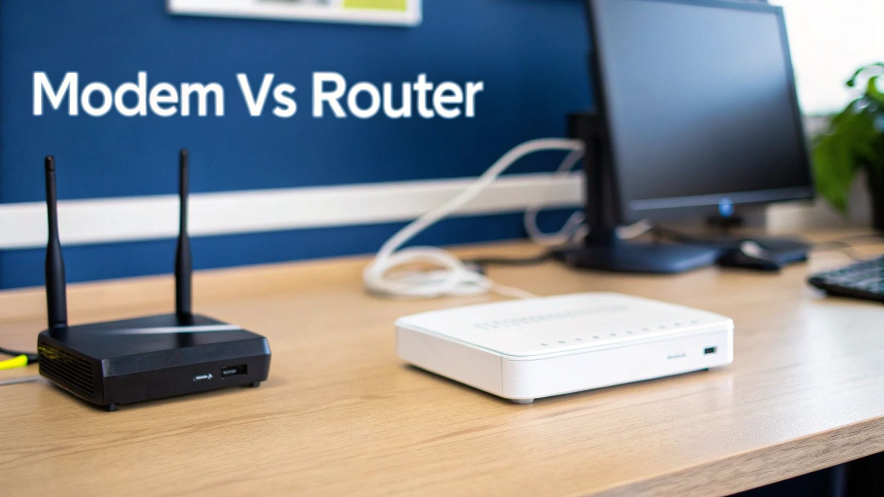 A close-up shot of a black router and a white modem on a wooden desk, illustrating 'Modem Vs Router'.