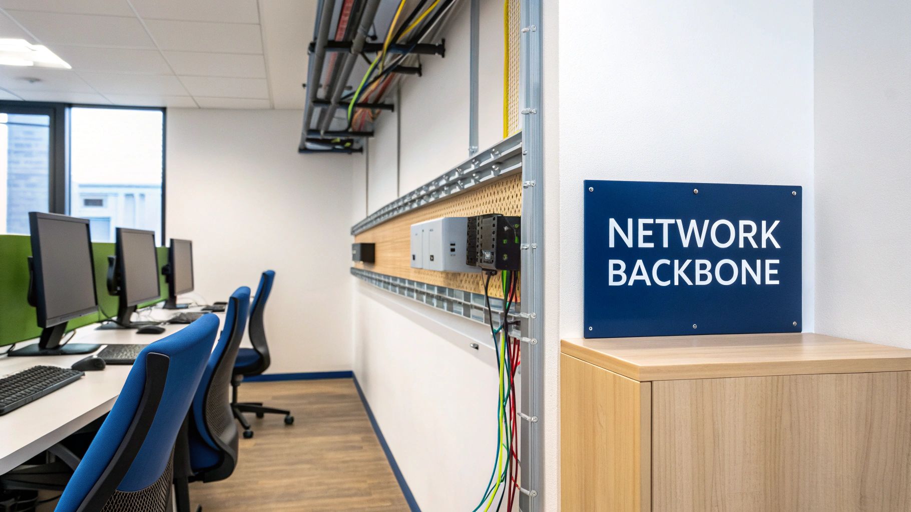 Modern office with neatly organized network backbone infrastructure, multiple computer workstations, and blue chairs.