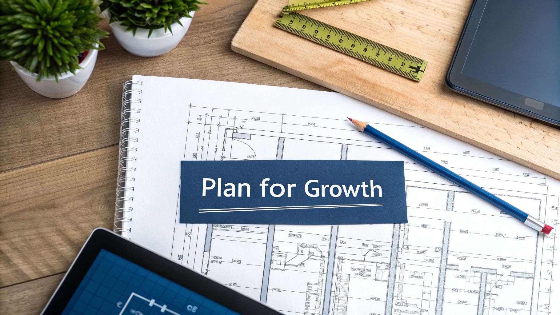 Overhead view of a desk with architectural plans, tablet, ruler, pencil, and 'Plan for Growth' banner.