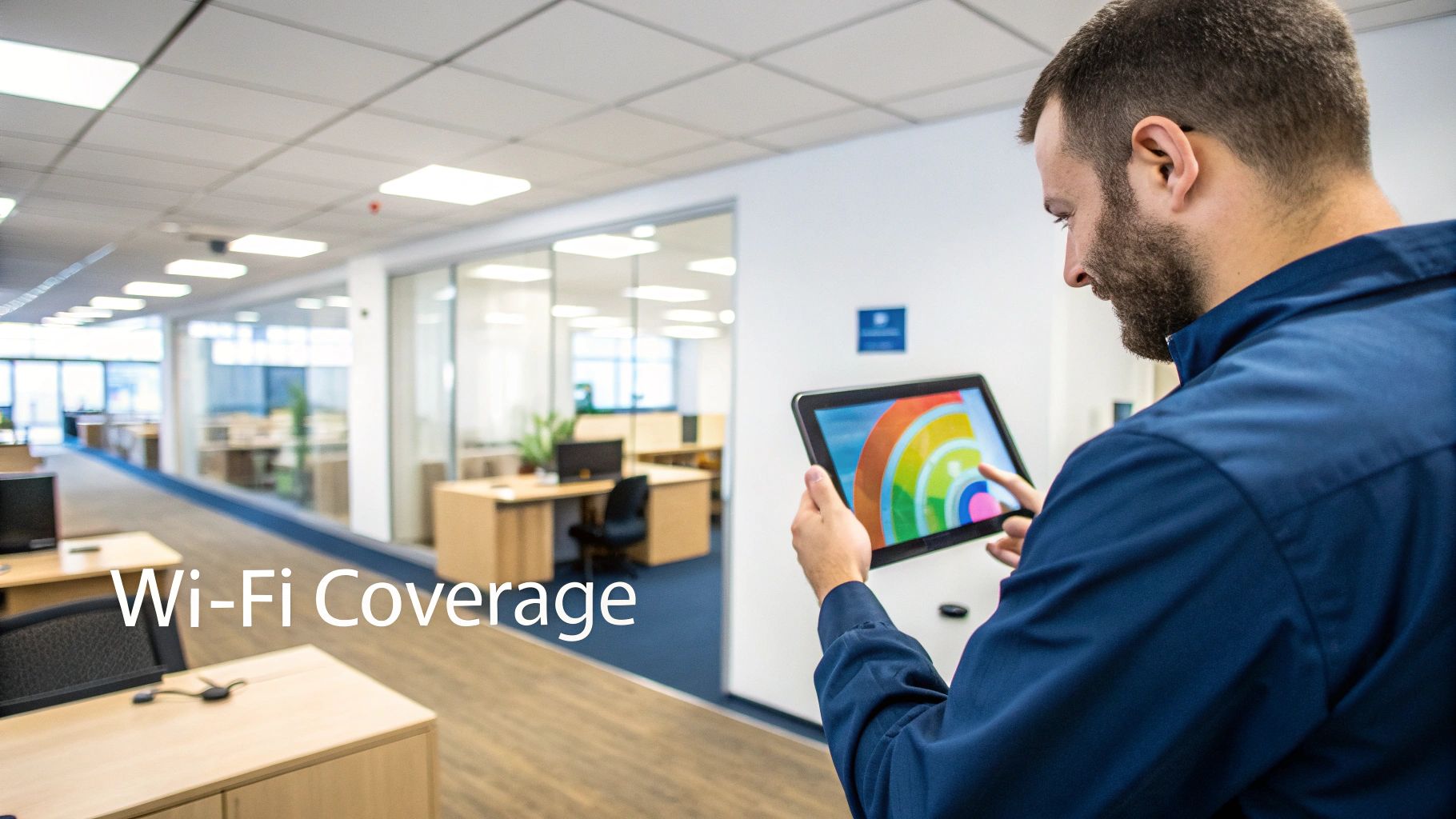 A man in an office uses a tablet to analyze Wi-Fi coverage in an open-plan workspace.