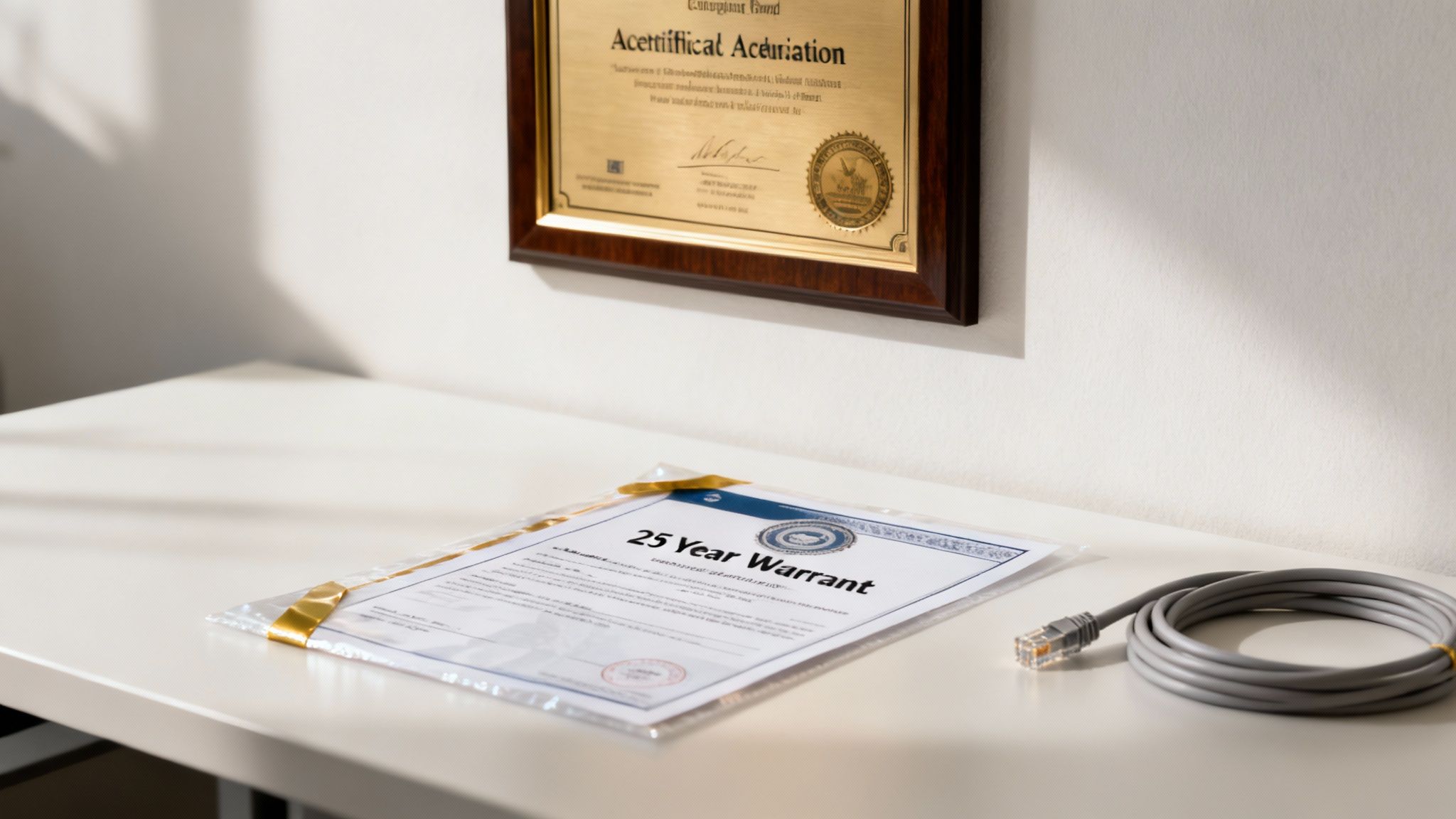Golden plaque on wall, with a '25 Year Warrant' document and coiled Ethernet cable on a white desk.