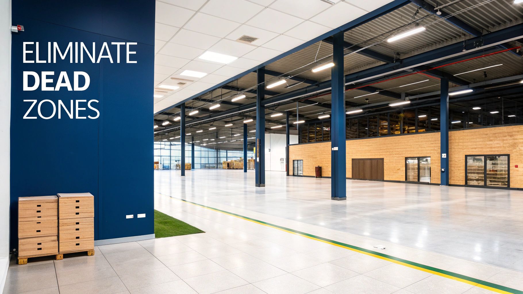 A clean, spacious industrial warehouse with blue pillars and a sign reading "ELIMINATE DEAD ZONES" on a dark blue wall.