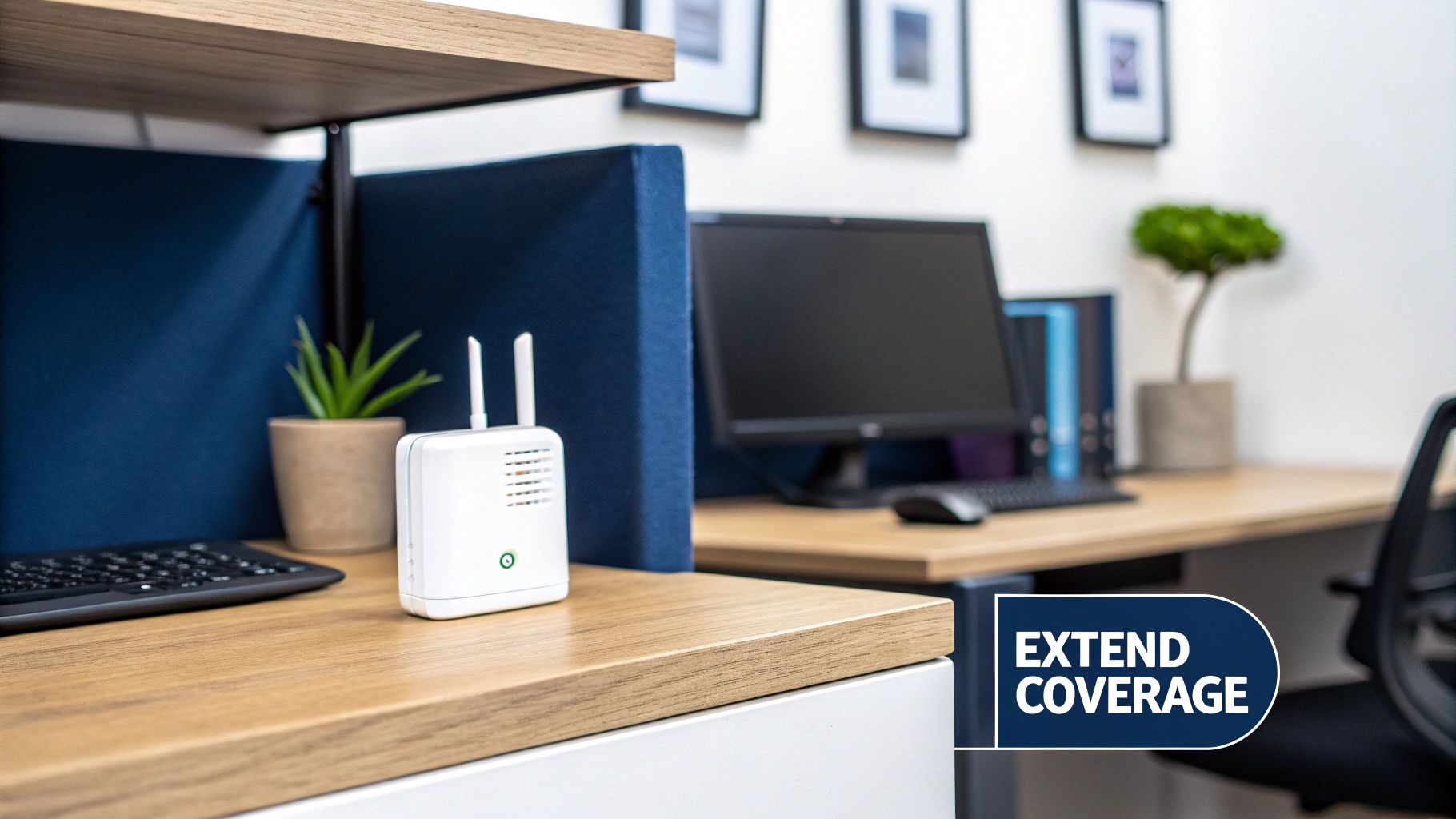 A white Wi-Fi extender device on a modern office desk in an office setting.