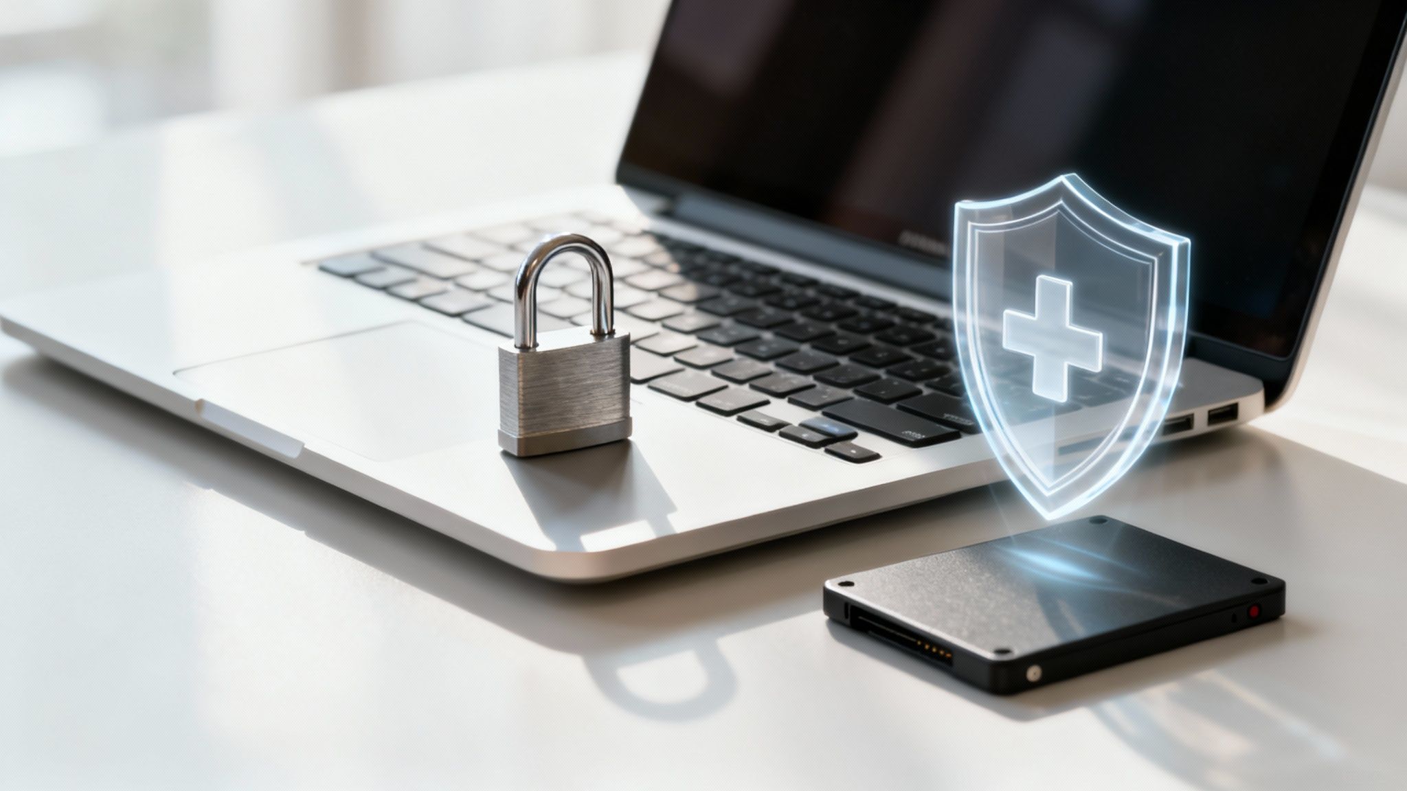 Laptop, padlock, and SSD with a glowing security shield icon symbolizing data protection.