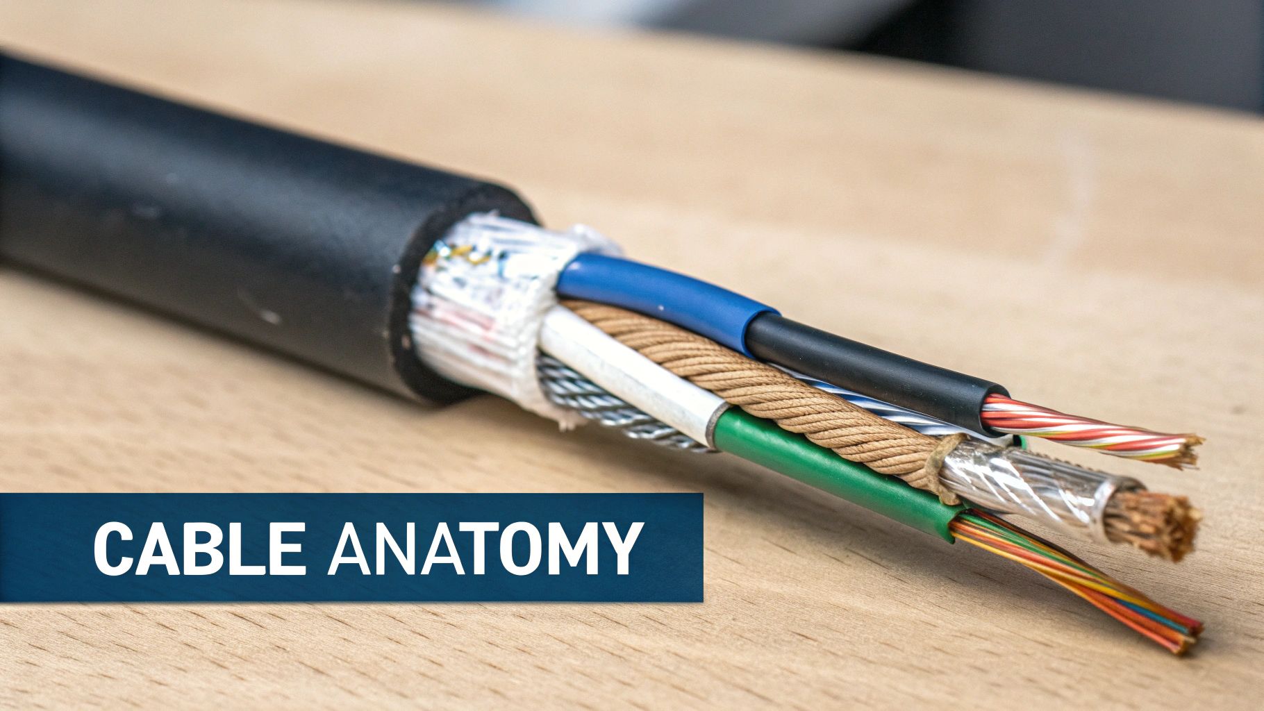 A close-up view of a dissected cable, revealing multiple colorful wires and protective layers inside.