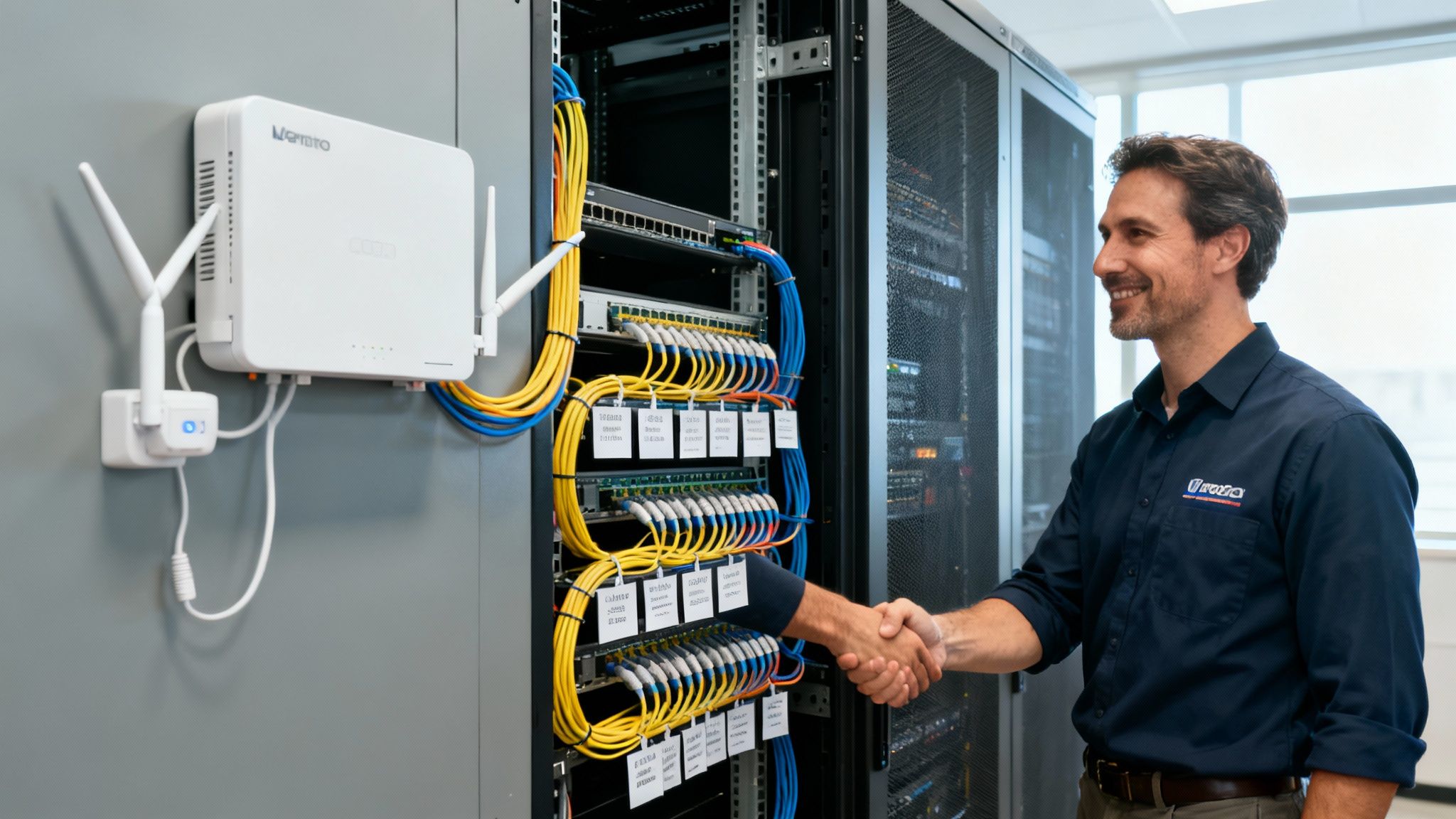 Two IT professionals shaking hands in a server room with networking equipment and a Wi-Fi router.