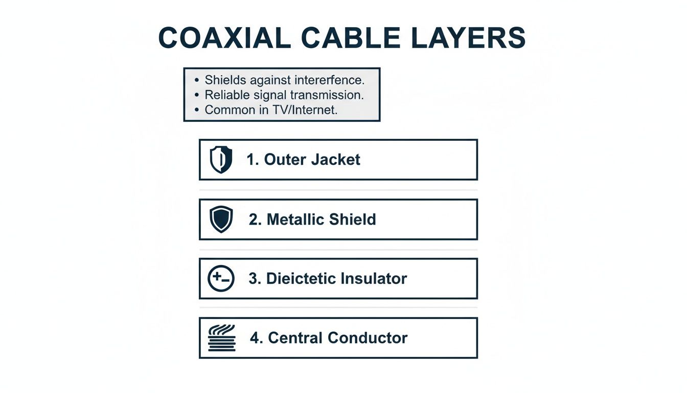 Diagram illustrating the four essential layers of a coaxial cable, including outer jacket and central conductor.