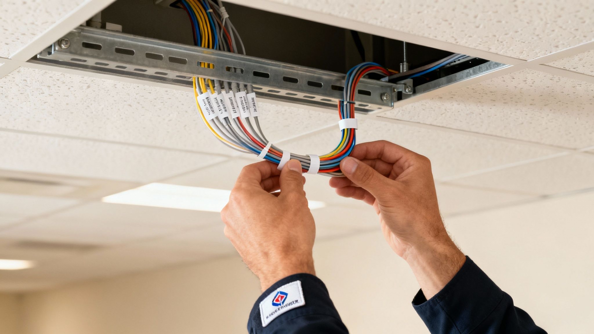 A network engineer meticulously managing cables in a server rack.
