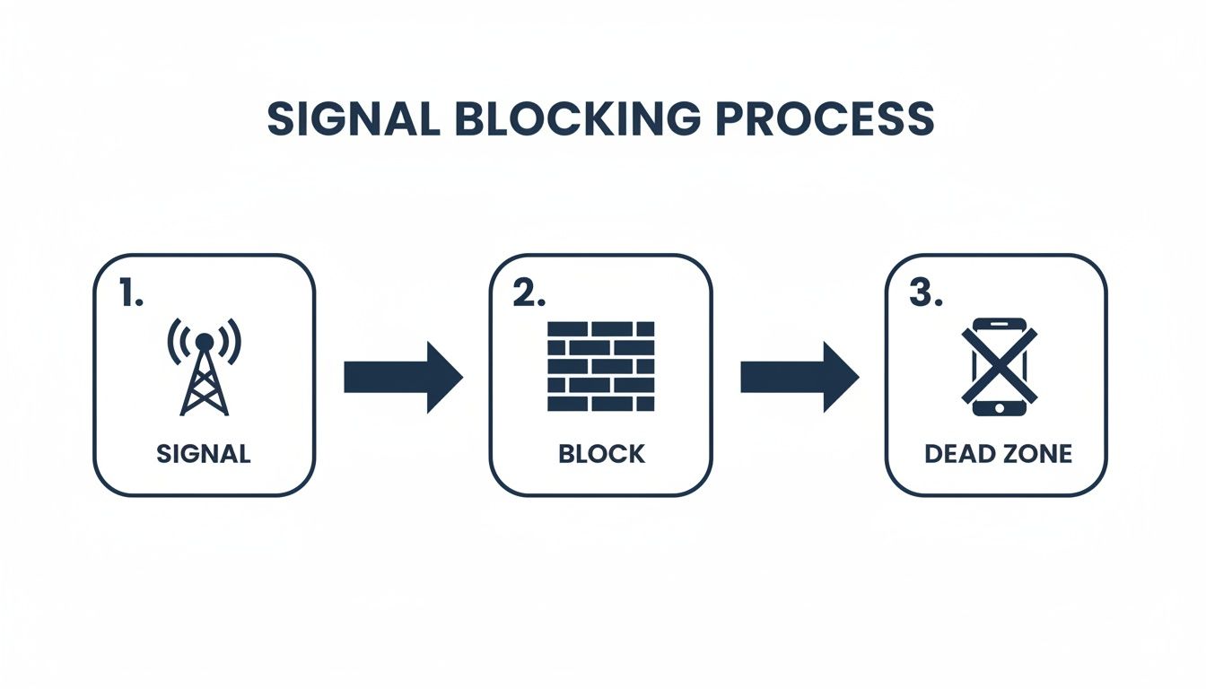 Diagram illustrating the signal blocking process, showing a signal, a block, and a resulting dead zone.